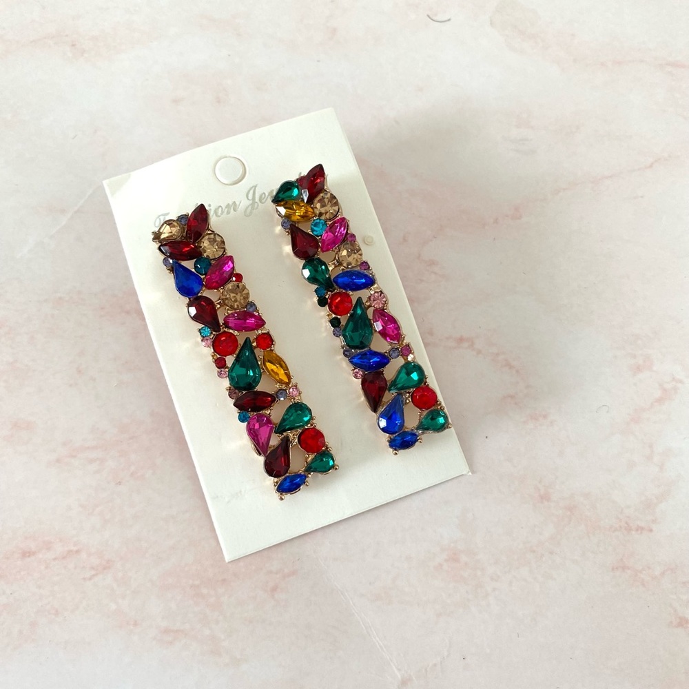 Rhinestone Rectangle Statement Earrings - Picture 2 of 4